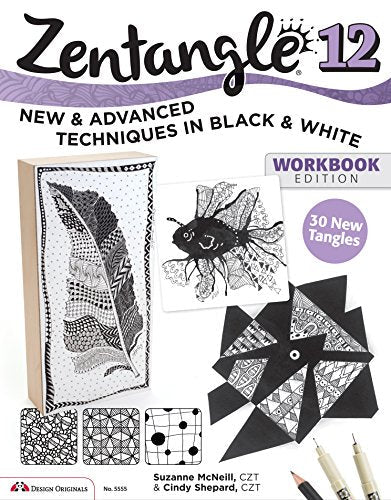 Zentangle 12 workbook cover with black and white patterned designs and tools.
