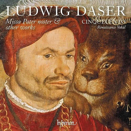 CD cover featuring a Renaissance portrait of Ludwig Daser and a lion.