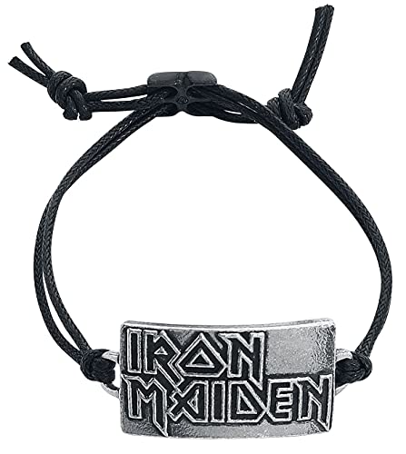 Black cord bracelet with a silver-toned Iron Maiden logo charm.