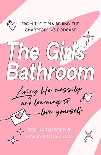Book cover for "The Girls Bathroom" with pink swirls and heart illustrations.