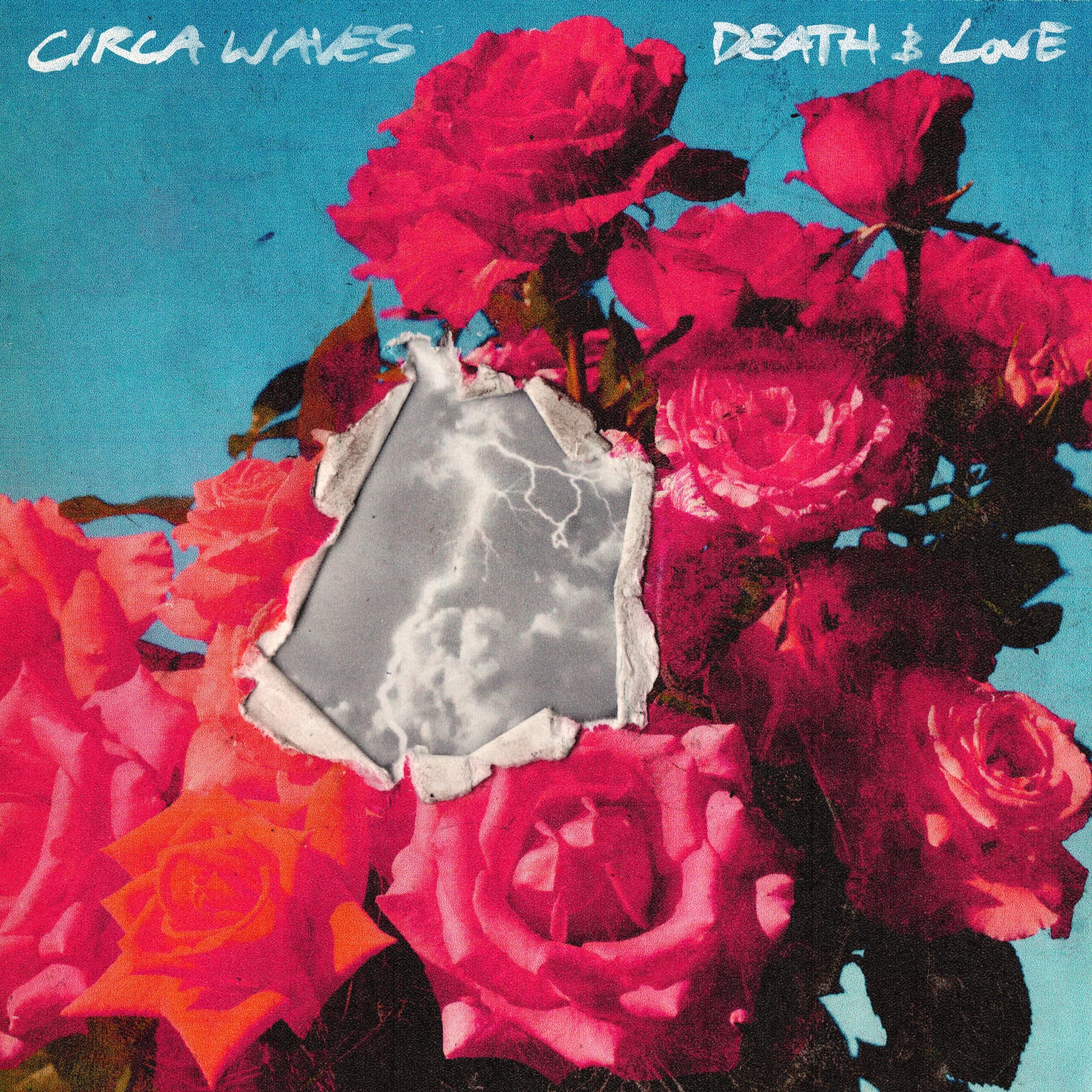 Album cover featuring red roses on a blue background with a central torn lightning image.