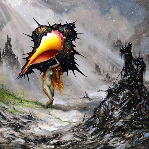 Album cover: figure under a large, spiky, illuminated umbrella in a desolate landscape.