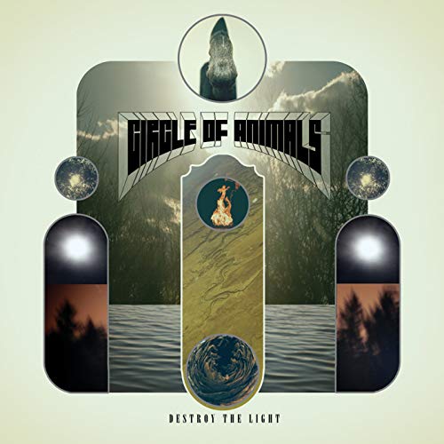 "Album cover with landscape and abstract shapes, featuring 'Circle of Animals' and 'Destroy the Light'."
