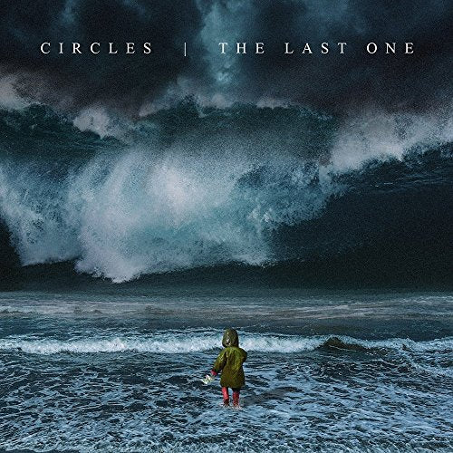 "Album cover with a child standing in the ocean as a massive wave approaches."