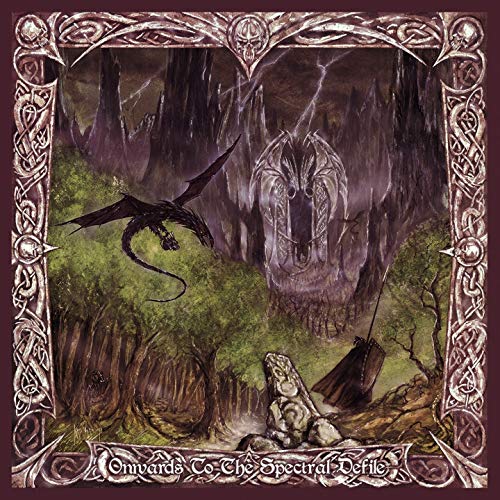 Dark fantasy album cover with a dragon flying over a spectral landscape.