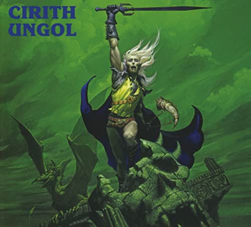 Fantasy album cover: warrior with sword, dragon, and green landscape.