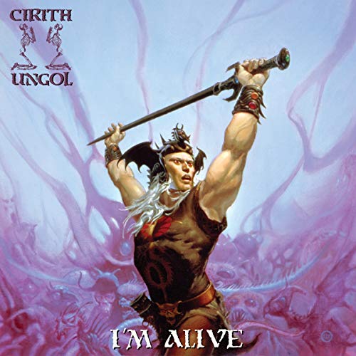 "Album cover art: muscular man holding sword, surrounded by purple mist and skulls."