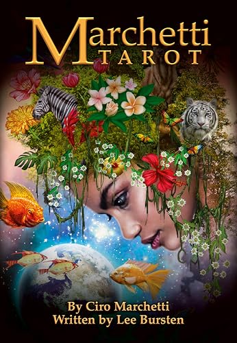 Marchetti Tarot cover: woman’s face amidst flowers, animals, and a celestial globe.