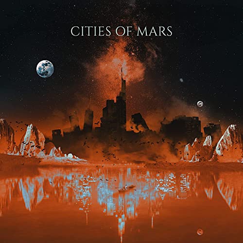 Futuristic cityscape on Mars reflected in water under a starry sky.