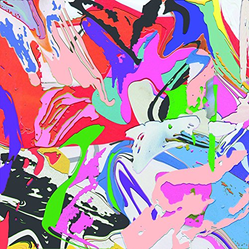 Abstract painting with vibrant, overlapping splashes of neon pink, blue, green, and red paint.
