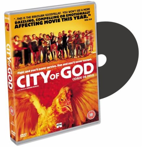 DVD case for City of God featuring a group of men and a chicken.