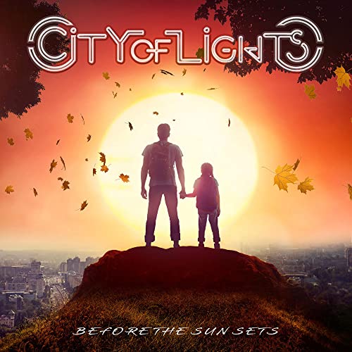 CD cover: figures silhouetted against a vibrant sunset over a city.