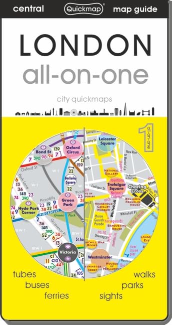 London travel guide cover with map detail, transport icons, and attractions.