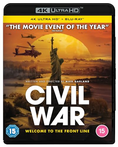 Civil War" Blu-ray cover with Statue of Liberty and helicopters in war scene.