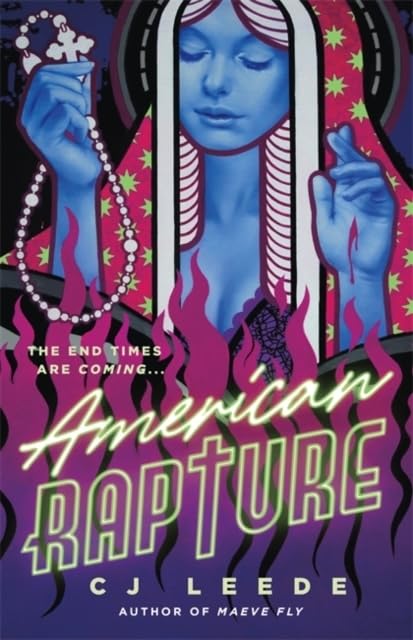Book cover art featuring a blue-skinned woman holding a rosary amidst purple flames.