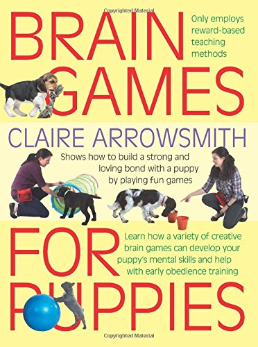 Colorful book cover with puppies playing, sitting, and interacting with people and toys.