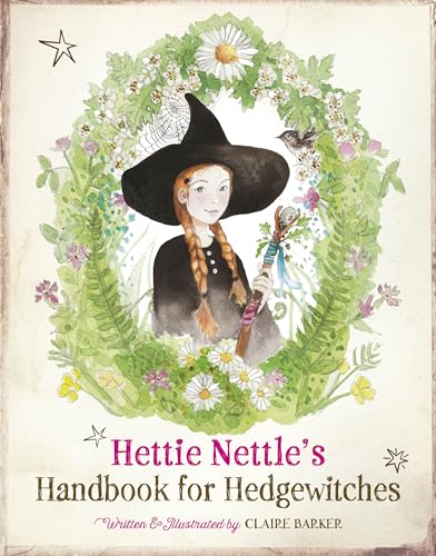 A young witch with red braids and a black hat stands inside a floral wreath.