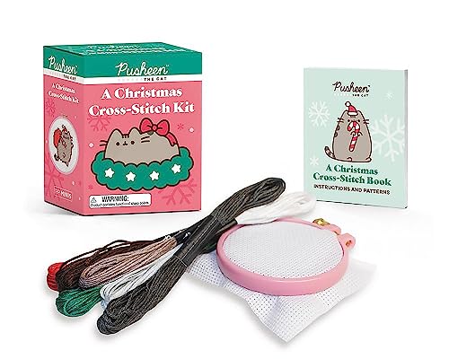 Pusheen Christmas cross-stitch kit with box, fabric, floss, and hoop.