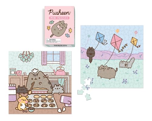Pusheen mini puzzles box with three completed puzzle images featuring cats.