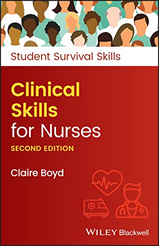 Red book cover, “Clinical Skills for Nurses” title, and healthcare icons.