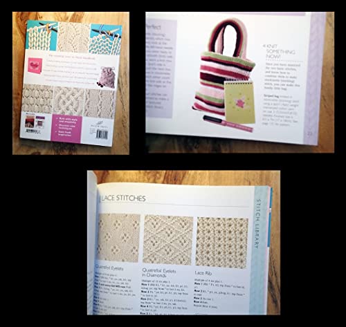 Open knitting handbook displaying stitch patterns and finished knitted items.
