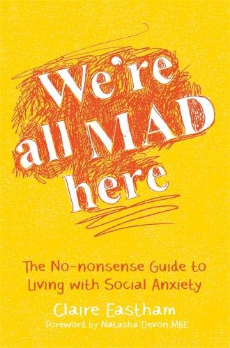 "Book cover with yellow background, white and red text, and abstract red scribble design."