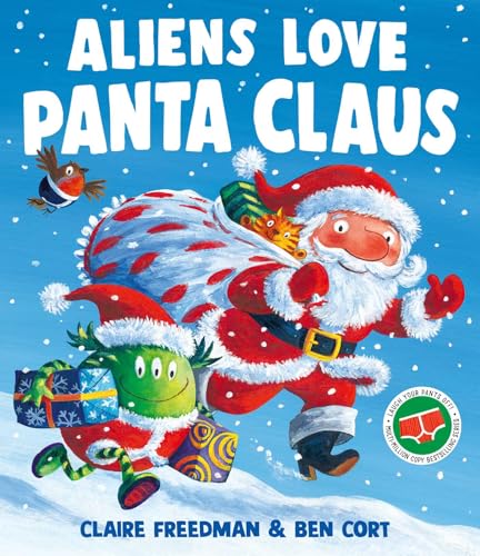 Book cover: Santa, aliens, and a robin in a snowy landscape.