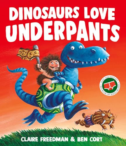 A caveman riding a blue dinosaur wearing green patterned underwear on a red background.