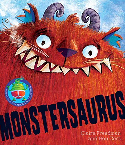 Fluffy orange monster with blue horns and large teeth, book cover.