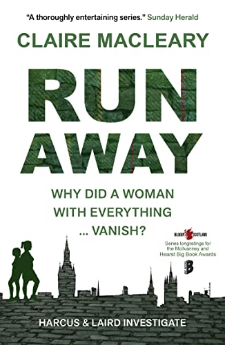 Book cover of Runaway by Claire Macleary featuring a green tartan title and city silhouette.