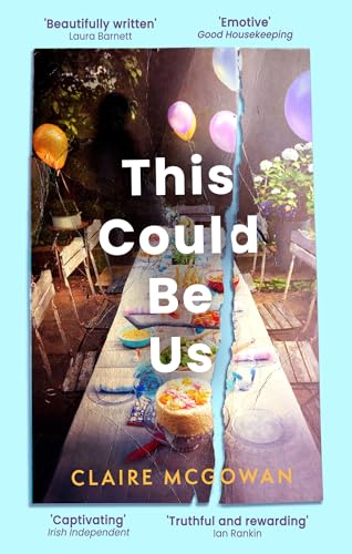 Book cover with a table set for a party, partially fractured image.