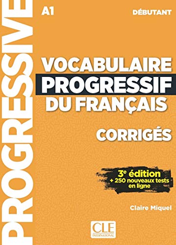 Orange French language textbook, "Vocabulaire Progressif," beginner level with answer key.