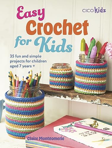 Crochet project book cover with colorful jars and pencils.