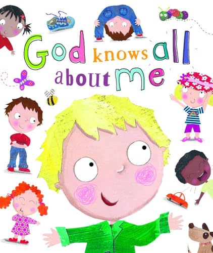 Children’s book cover, “God Knows All About Me,” with colorful illustrations.