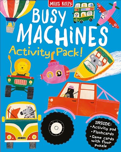 Colorful illustrated children’s activity pack featuring various animal-driven vehicles.