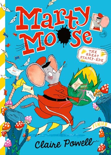 Book cover featuring a running moose in a red uniform, surrounded by mail.