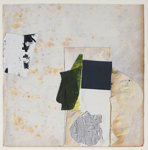 Abstract collage of layered paper in shades of green, black, and white.