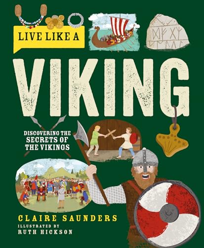 Book cover featuring illustrations of Vikings, a longship, and artifacts on a green background.