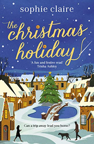 Book cover with snowy village scene, Christmas tree, and walking figures.