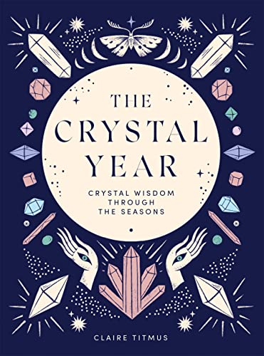 Book cover with crystals, moon phases, and hands framing a central crystal.
