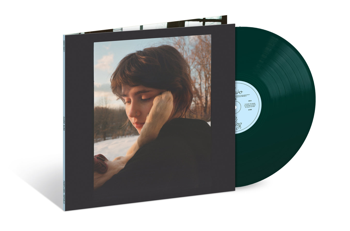 Dark green vinyl record next to its album cover featuring a person's portrait.