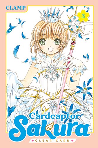 Sakura Kinomoto in a white dress and crown holding a staff on manga cover.
