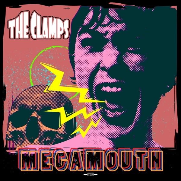 Album cover for The Clamps’ “Megamouth” featuring a halftone portrait and lightning.