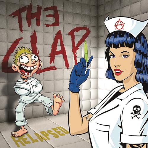 Cartoon illustration of a nurse with a syringe and a restrained patient.