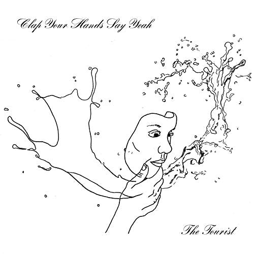 Black and white line drawing of a hand holding a mask amidst water splashes.