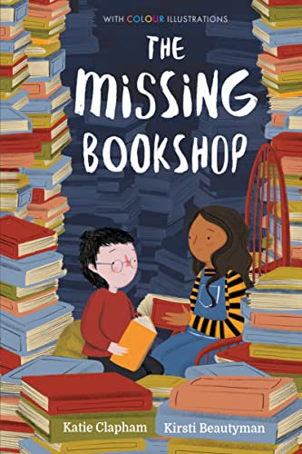 Book cover illustration of two children sitting among large stacks of books.