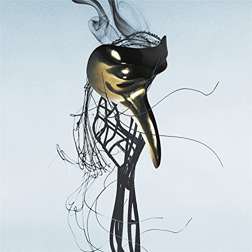 Golden plague doctor mask with wireframe base against a light background.