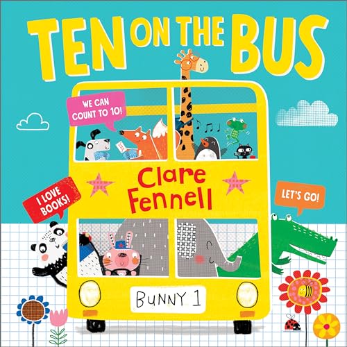 Yellow school bus with colorful animal passengers, book cover illustration.