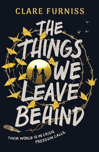 Book cover with two silhouettes inside a barbed wire circle surrounded by origami cranes.