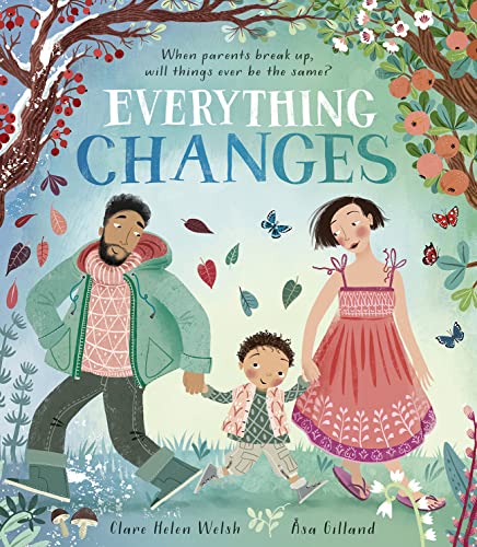 A father, mother, and child walking together in an illustration with seasonal foliage.
